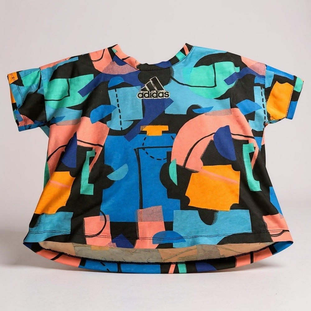 Kids Adidas Graphic T-Shirt Abstract Print Blue Pink Orange Cotton Size M 10 12‎